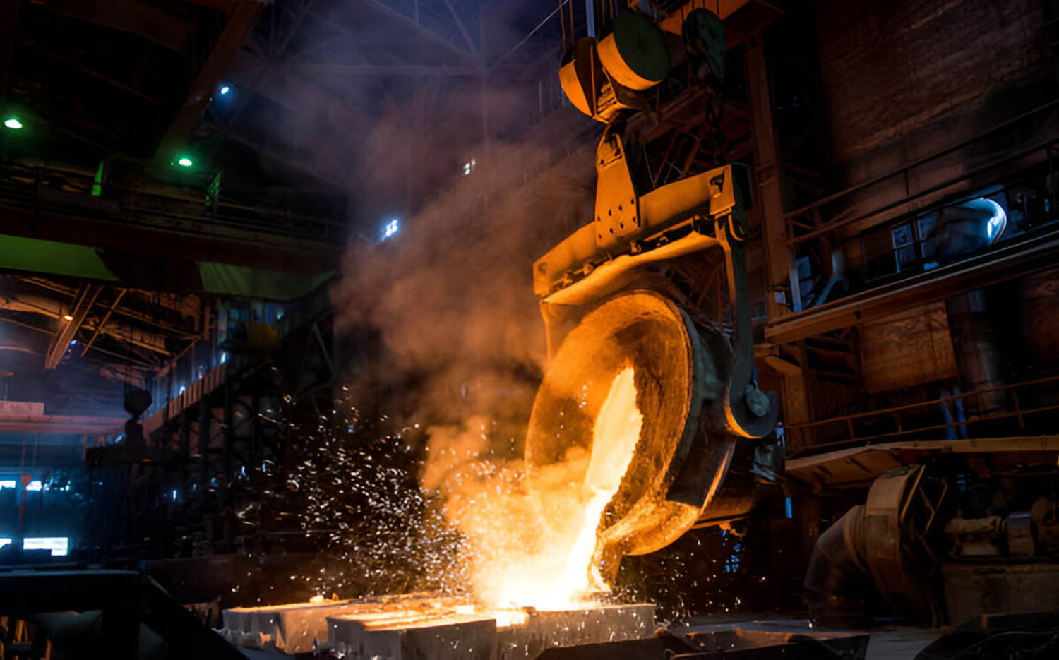 Grandes quantidades de aço derretido sendo moldadas para serem inspecionadas pelo Vision King - Steel