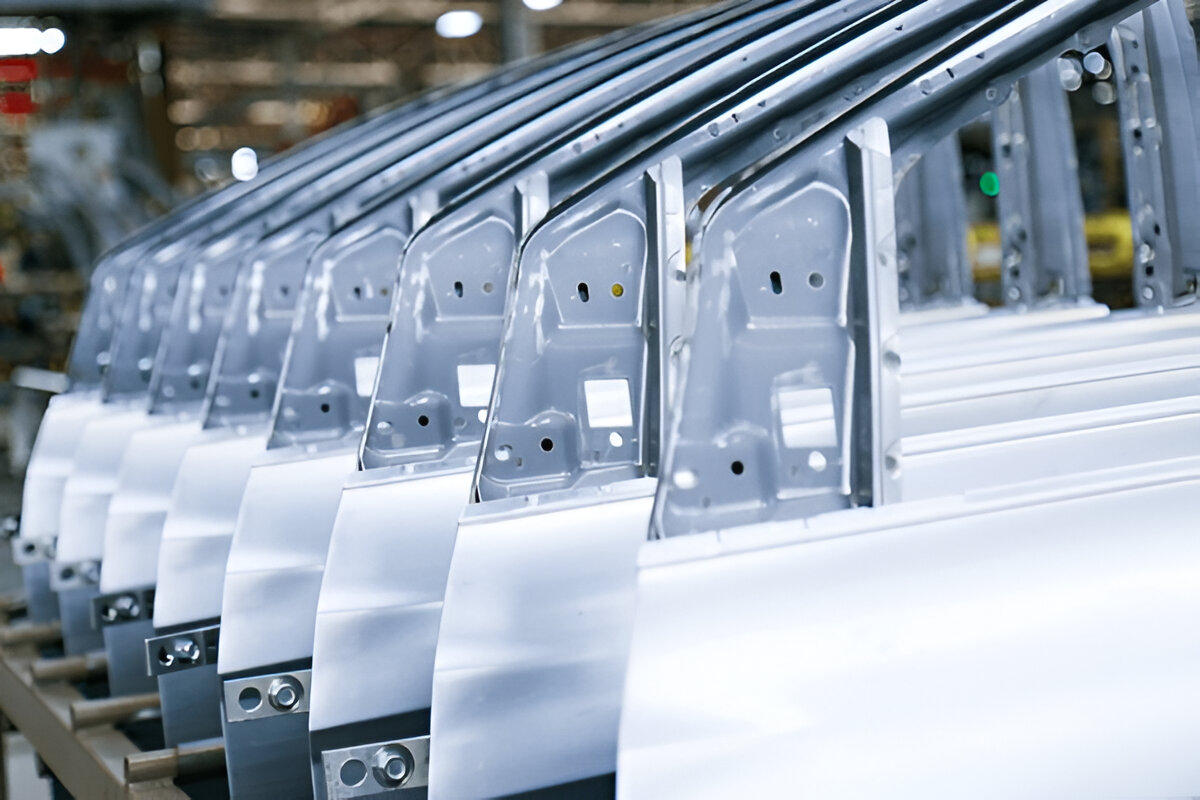 Sequencia de portas de carro em superfície classe A, cujo material é apenas chapa metálica recém prensada