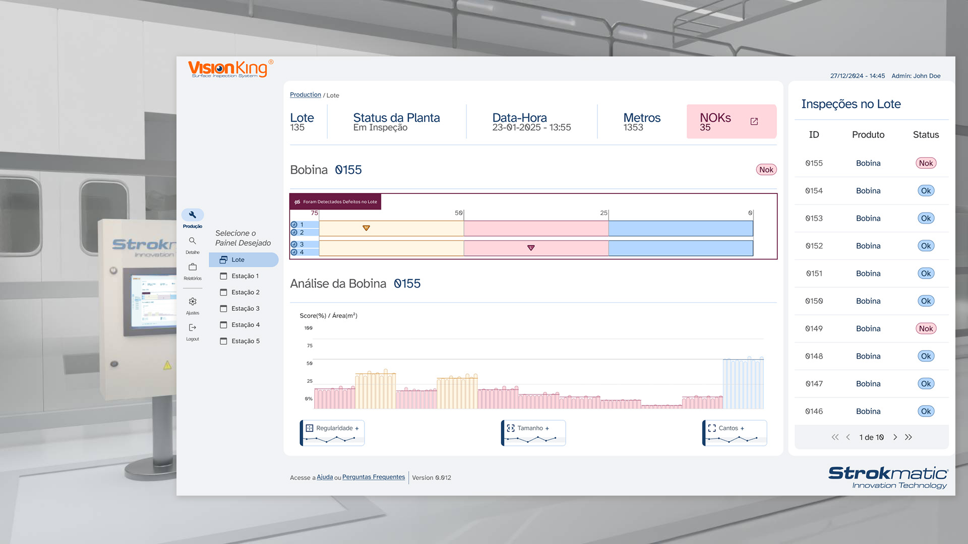 Visão de tela do Vision King Inspecionando aço chato Bobinas de aço chato sendo inspecionadas e seus defeitos rotulados e analisados pelo modelo de inteligência artificial do Vision King para otimizar uso durante o corte e evitar defeitos da chapa durante a estampagem.