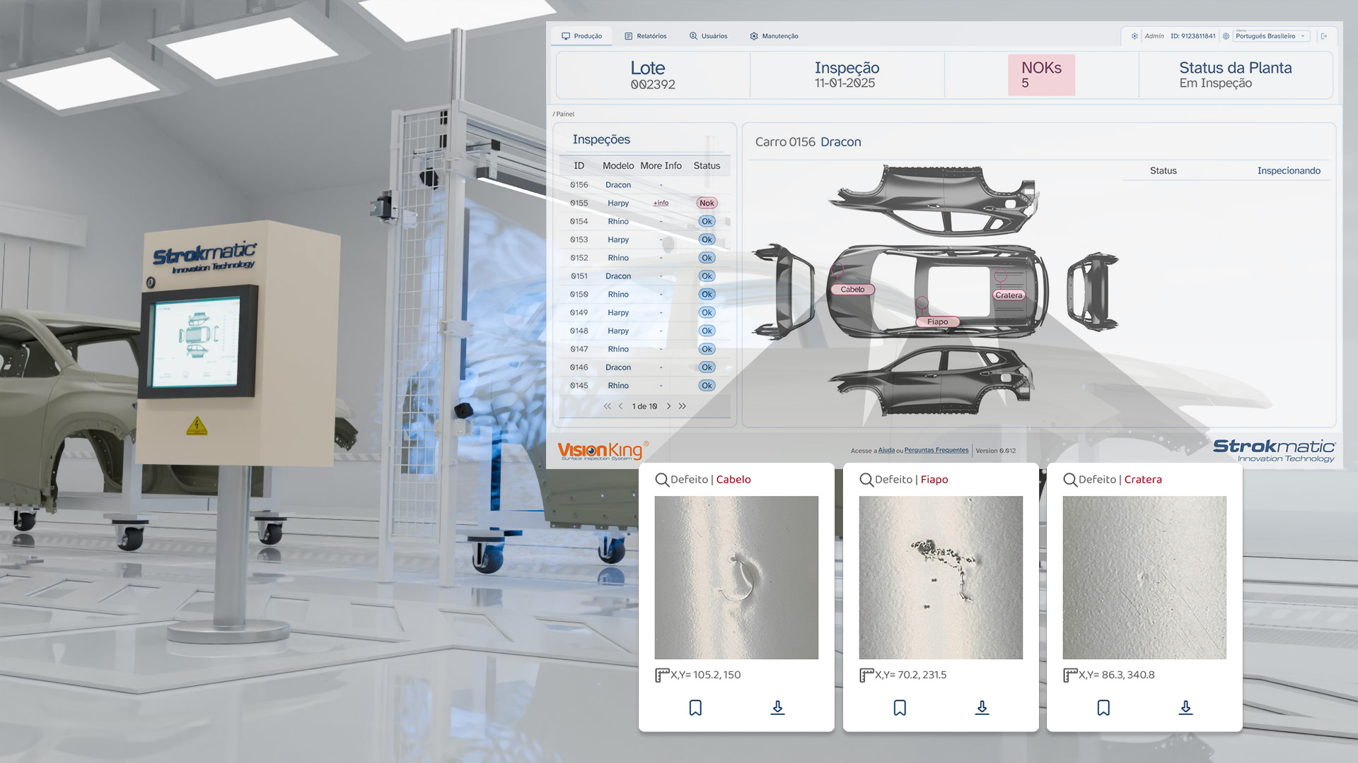 Vision King tela de inspeção Tela mostrando os defeitos identificados pelo Vision King