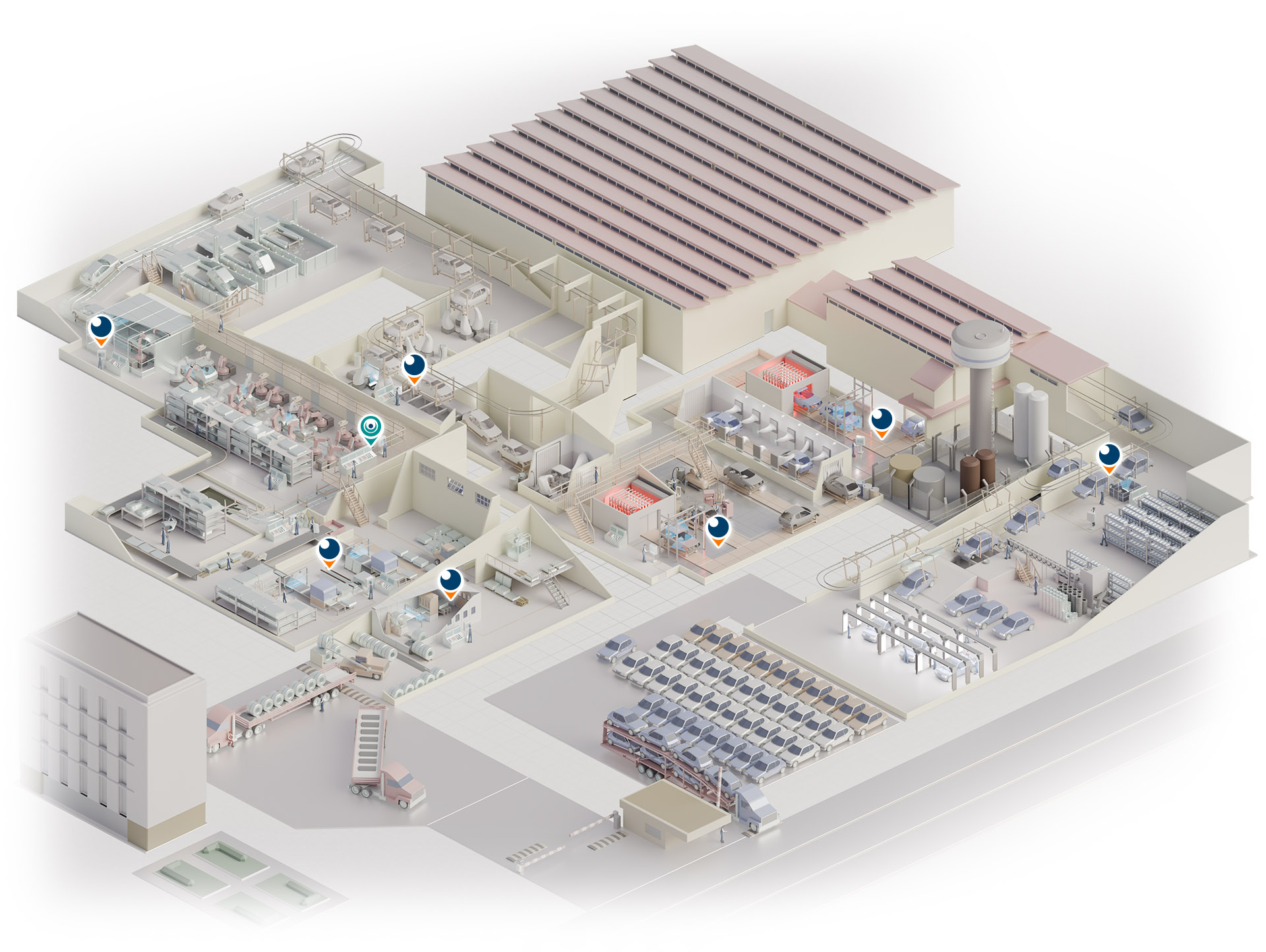 Auto Factory in isometric view presenting all Strokmatic solutions in the line
