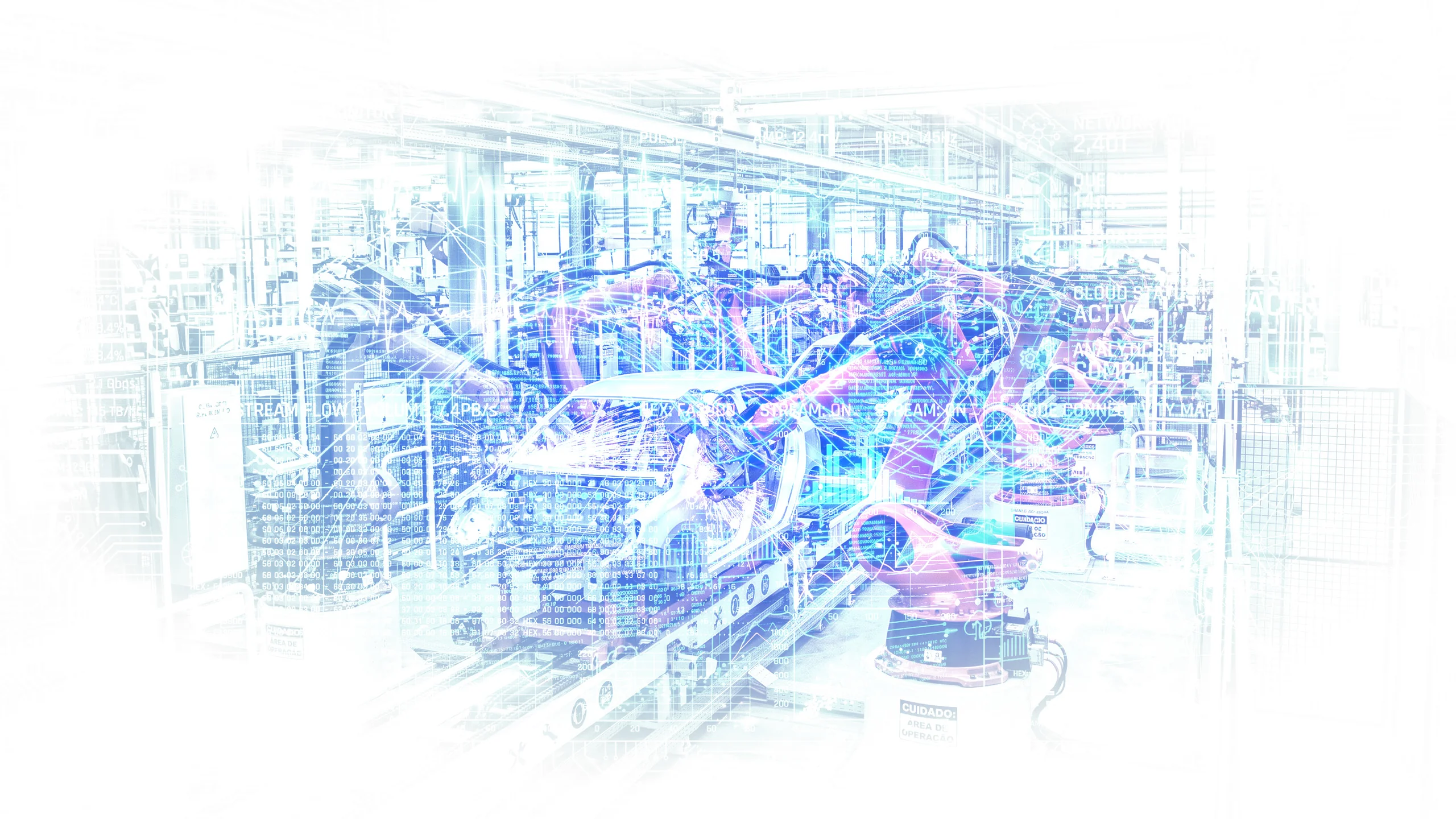 Automotive body shop line with spot welding robots and a process data overlay